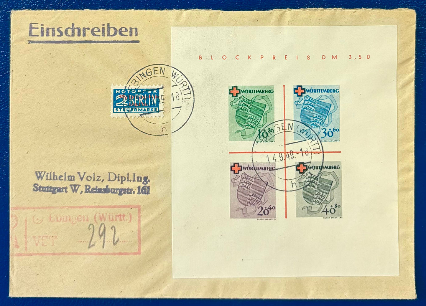 Französische Zone Württemberg Rot Kreuz Block auf echt gelaufenem Einschreibebrief