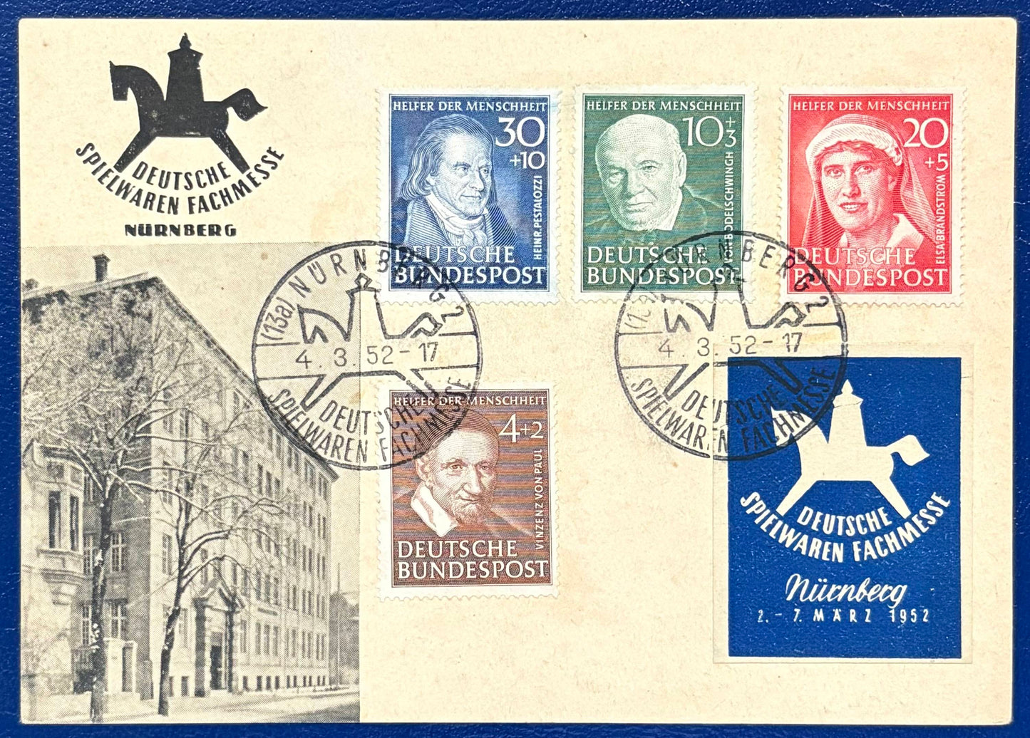 Wohlfahrstmarken 1951 auf Spielwarenmesse Postkarte