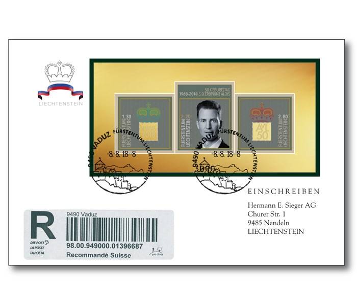 Liechtenstein -50. Geburtstag Erbprinz Alois von und zu Liechtenstein - exklusiver Goldblock auf echtgelaufenem Einschreibe - Ersttagsbrief