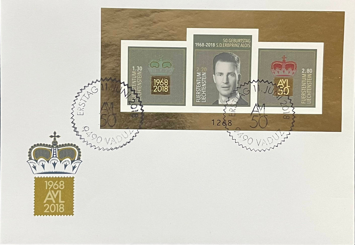 Liechtenstein -50. Geburtstag Erbprinz Alois von und zu Liechtenstein - exklusiver Goldblock auf Ersttagsbrief