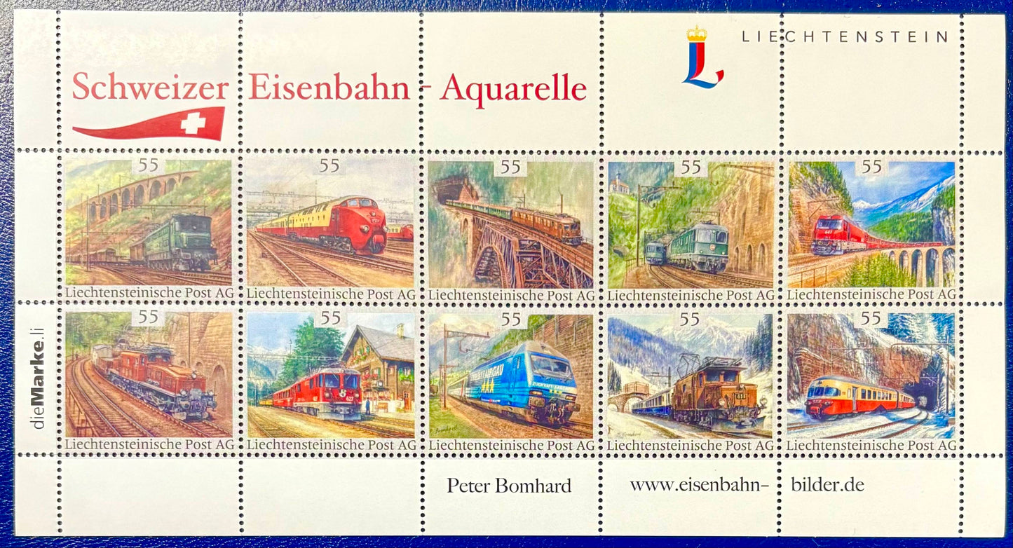 Die schönsten Schweizer Eisenbahn Aquarelle, Liechtenstein.Kleinbogen 10 Werte