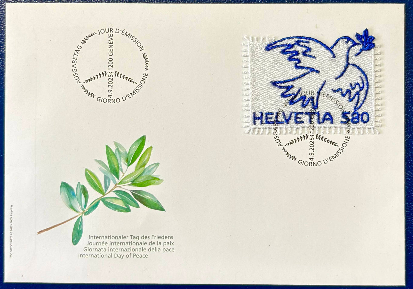 Frieden in Bestickung, ein schweizer Meisterwerk - Taube, Stempel, Extraklasse!