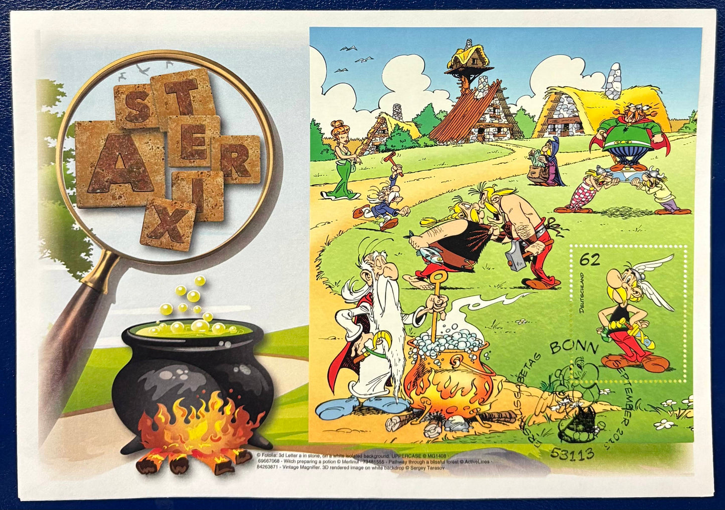 Drei Blocks für Asterix, Obelix und Idefix auf drei Ersttagsbriefen im Set