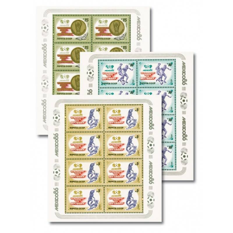 Sowjetunion -Fußball-Weltmeisterschaft Mexiko 1986, 3 Briefmarken-Kleinbogen-Blocks, Katalog-Nr. 5612-14, postfrisch