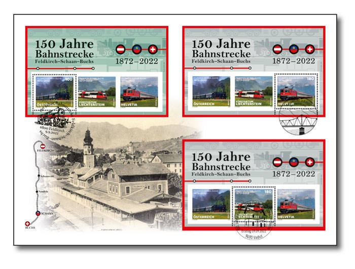 Bahnstrecke Feldkirch-Schaan-Buchs - Ersttagsbrief mit drei Blocks, Österreich, Liechtenstein, Schweiz
