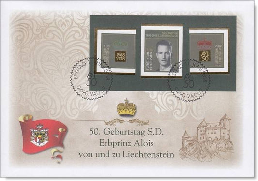 Liechtenstein -50. Geburtstag Erbprinz Alois von und zu Liechtenstein - 3 ungezähnte Briefmarken aus Goldblock auf Ersttagsbrief