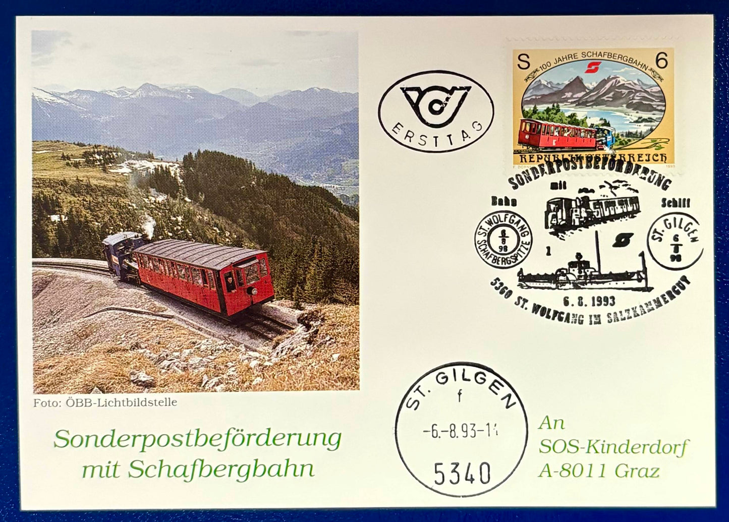 Österreich - SOS-Kinderdorf Karte "Sonderpostbeförderung mit Schafbergbahn"