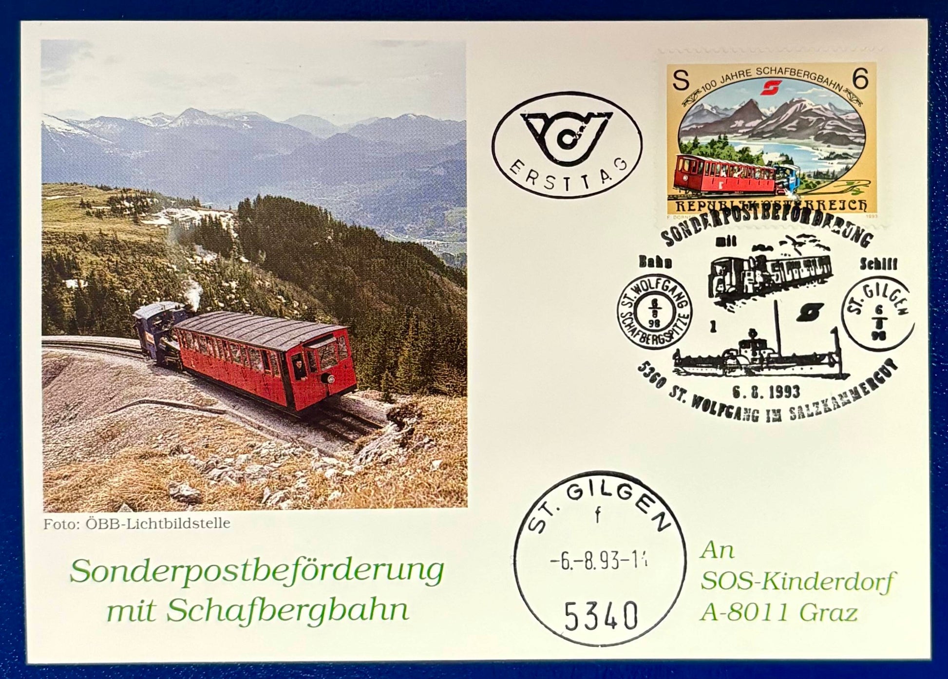 Österreich - SOS-Kinderdorf Karte "Sonderpostbeförderung mit Schafbergbahn"