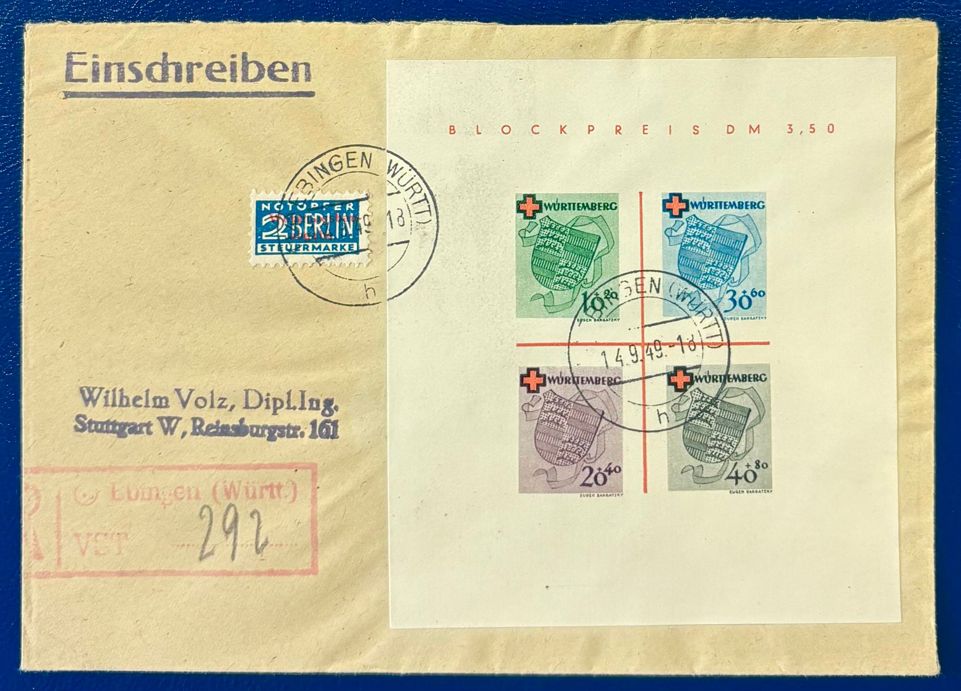 Französische Zone Württemberg Rot Kreuz Block auf echt gelaufenem Einschreibebrief