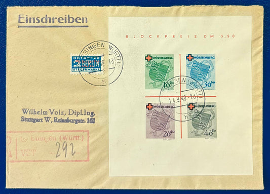 Französische Zone Württemberg Rot Kreuz Block auf echt gelaufenem Einschreibebrief