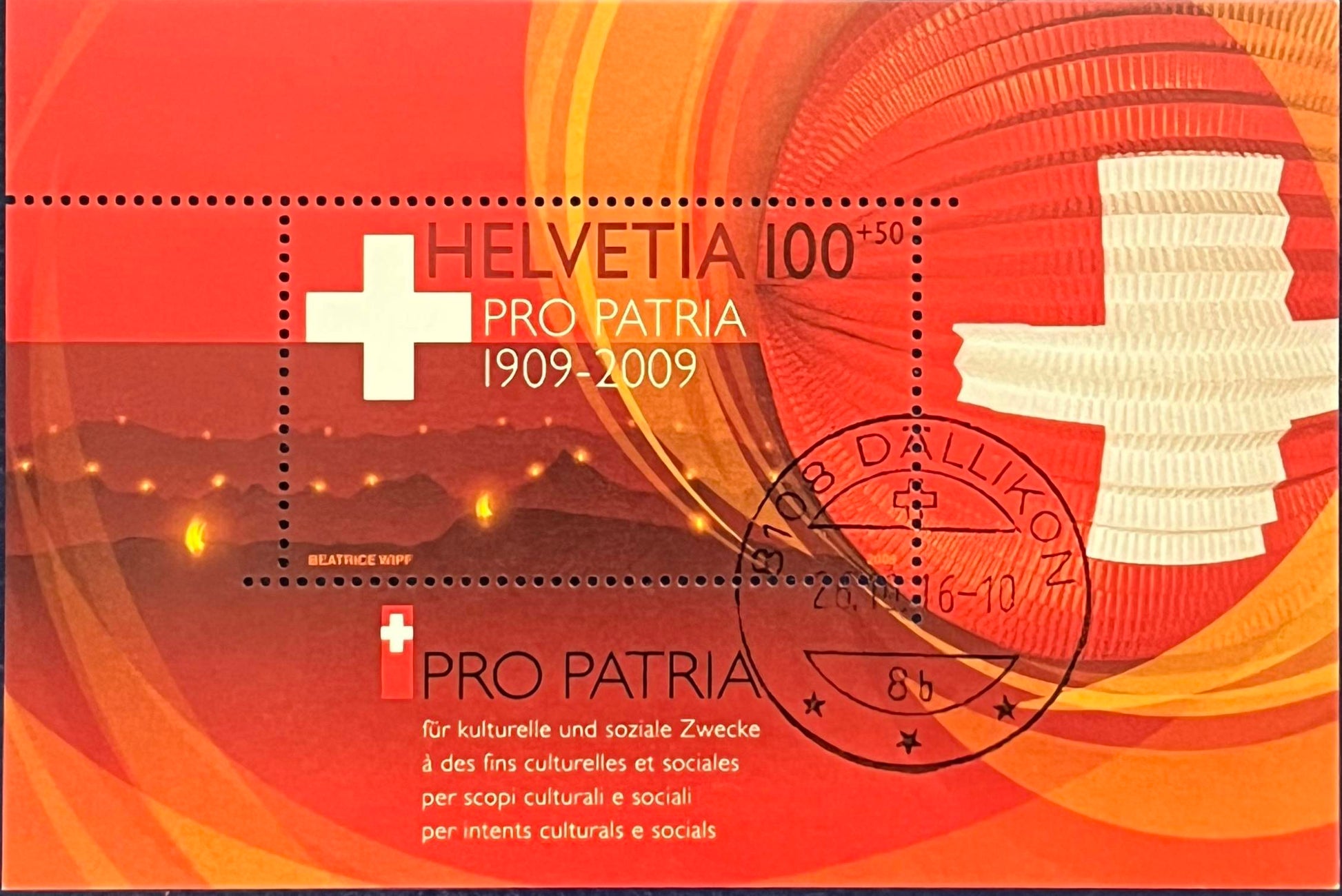 Schweiz Blockausgabe Katalog-Nr. 44 – „100 Jahre Stiftung für kulturelle und soziale Zwecke“ – gestempelt