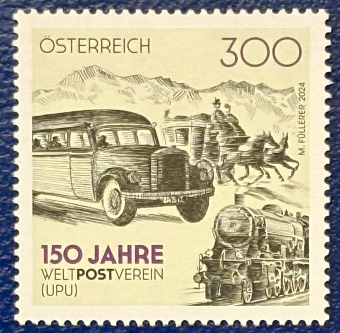 Postbus, Dampflokomotive und Postkutsche