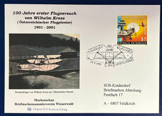 Österreich - SOS-Kinderdorf-Ersttagsbrief "100 Jahre erster Flugversuch von Kress"