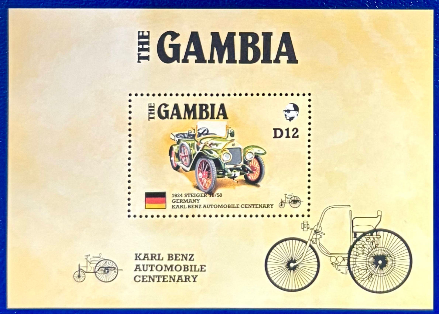 Gambia - Briefmarkenblock mit Carl Benz Automobilen