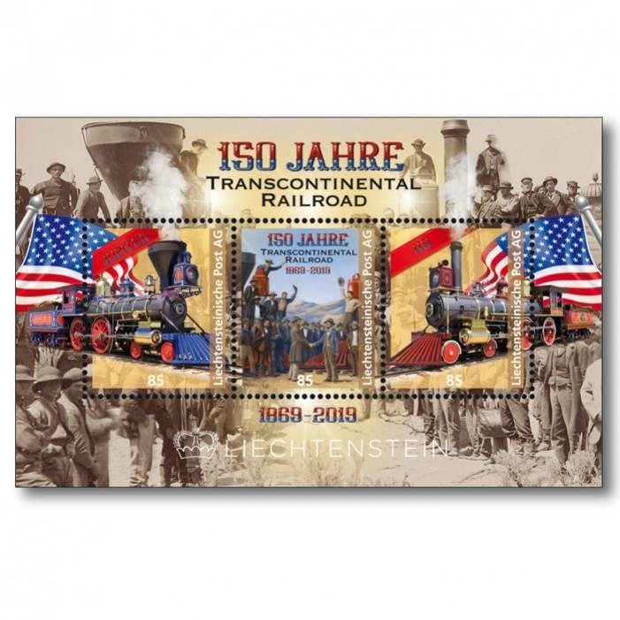 Liechtenstein -150 Jahre Transkontinental Railroad - Gedenkblock gestempelt