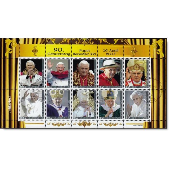 Liechtenstein -90. Geburtstag Benedikt XVI. - Kleinbogen gestempelt