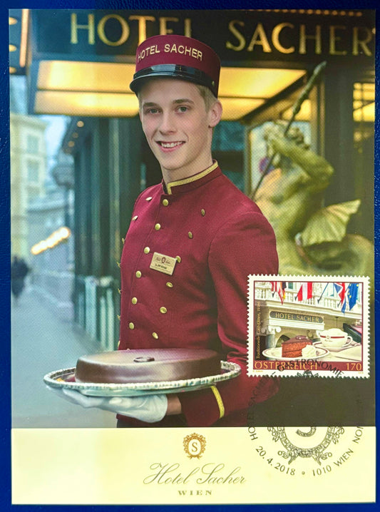 Österreich 2018 – 2 Original-Postkarten  „Hotel Sacher“ mit Ersttagsstempel Wien