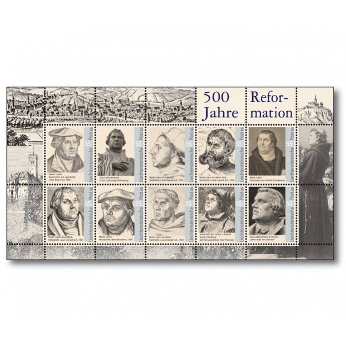 Liechtenstein -500 Jahre Reformation, Martin Luther - Kleinbogen, 10 x 55 Rp. postfrisch