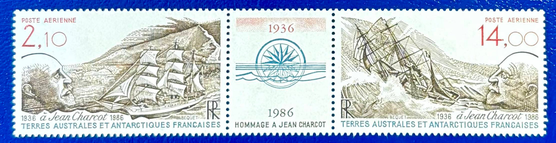 Französische Gebiete der Antarktis - Dreierstreifen im Stichtiefdruck "50. Todestag von Jean Charcot"