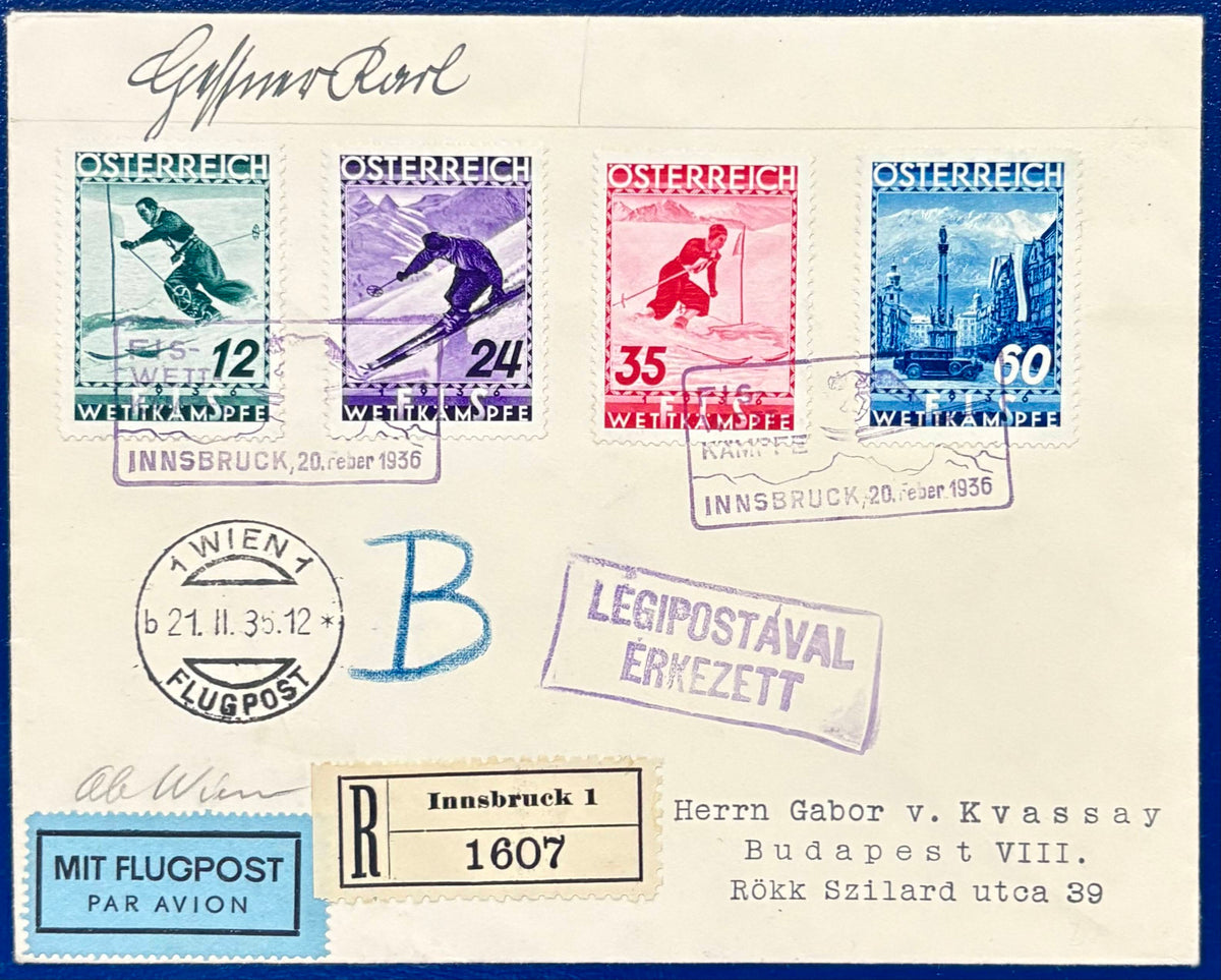 Ein Klassiker, Flugpost - Einschreibe -Ersttagsbrief der Serie Alpine FIS Wettkämpfe in Innsbruck