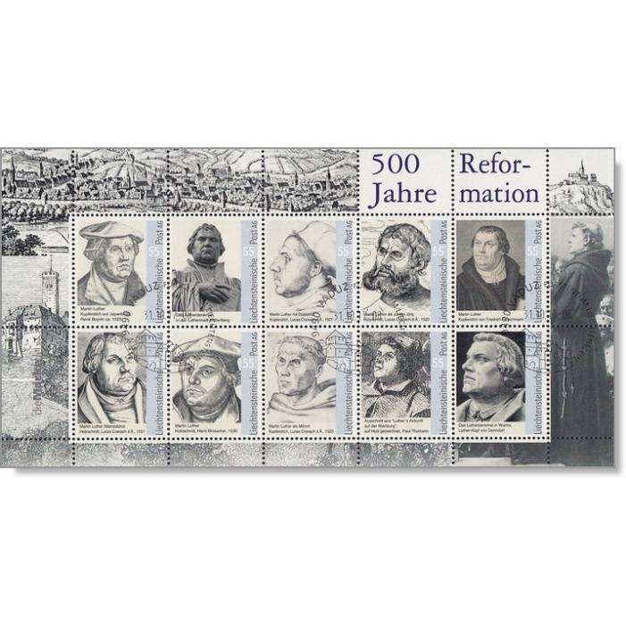 Liechtenstein -500 Jahre Reformation, Martin Luther - Kleinbogen, 10 x 55 Rp. gestempelt
