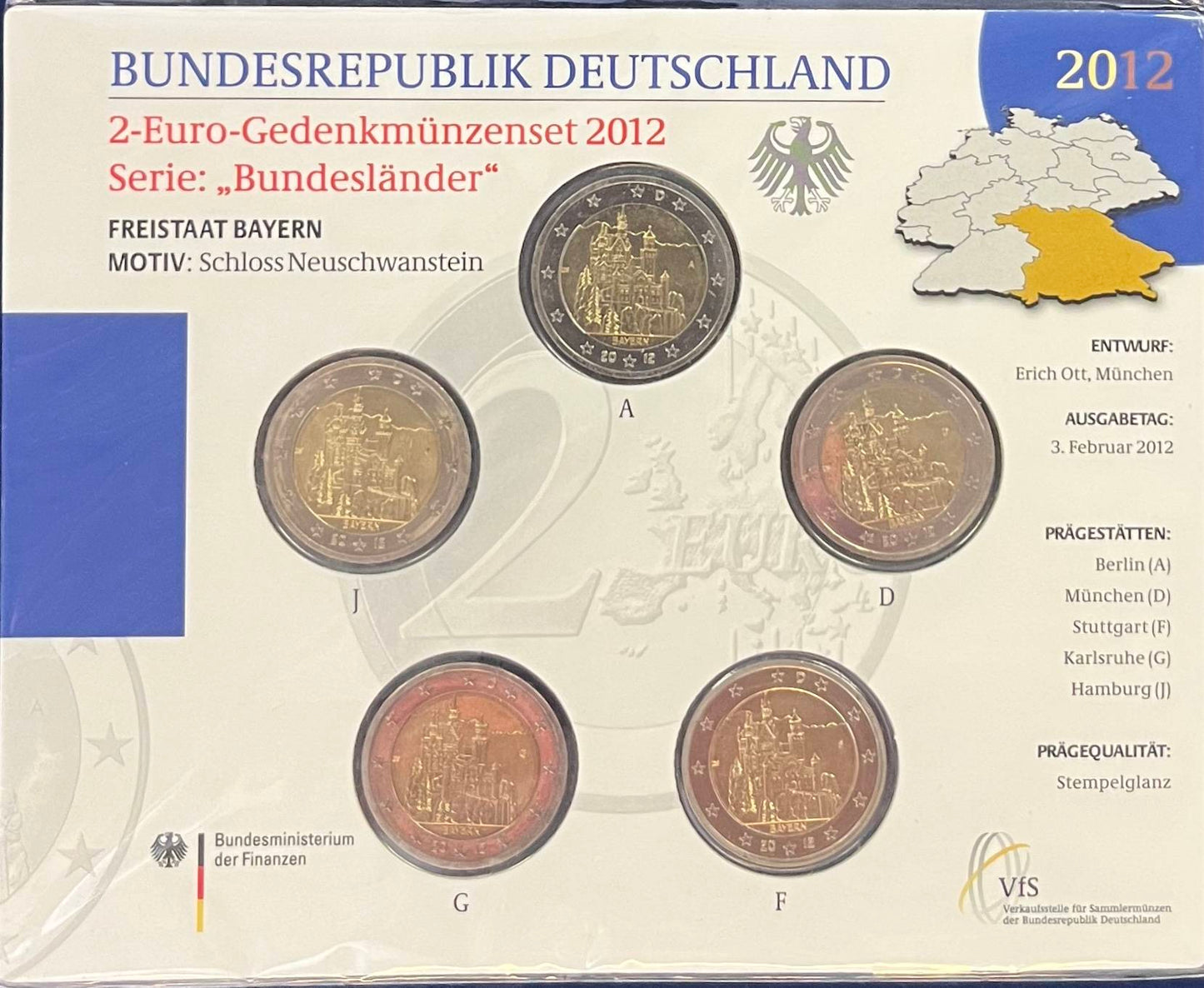 2-Euro-Gedenkmünzenset 2012 – Schloss Neuschwanstein Bayern – 5 Prägezeichen