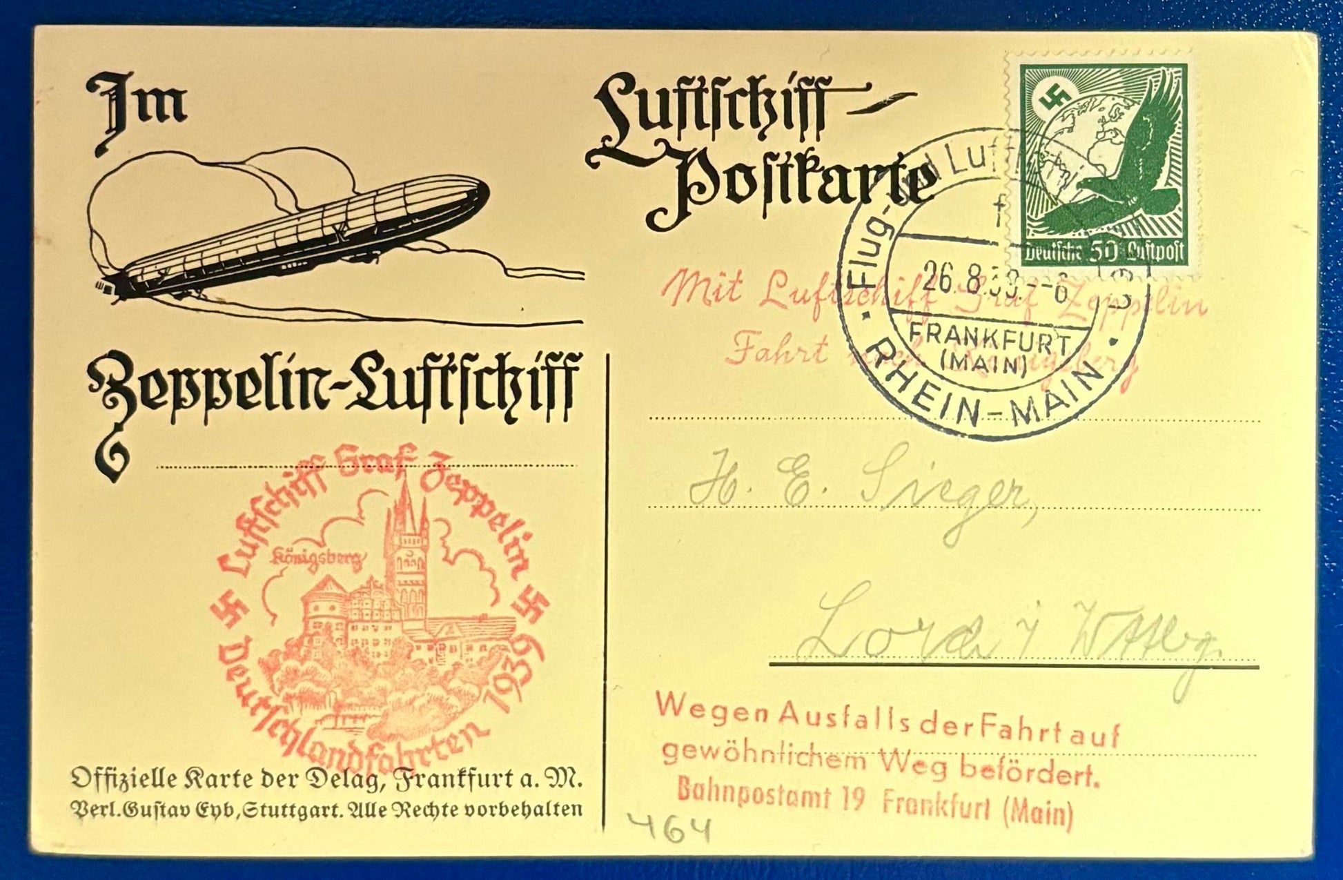 Zeppelinpost nach Königsberg 1939 mit Ausfallstempel