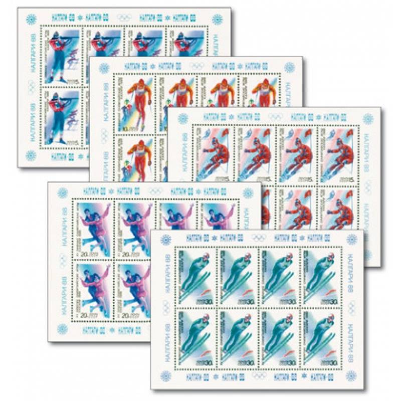 Sowjetunion - Olympische Winterspiele Calgary 1988 - 5 Briefmarken-Kleinbogen-Blocks, Katalog-Nr. 5788-92, postfrisch