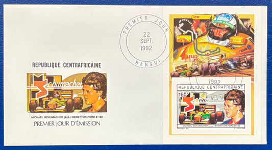 Der erste UNGEZÄHNTE Michael Schumacher Briefmarken - Block der Welt auf Ersttagsbrief
