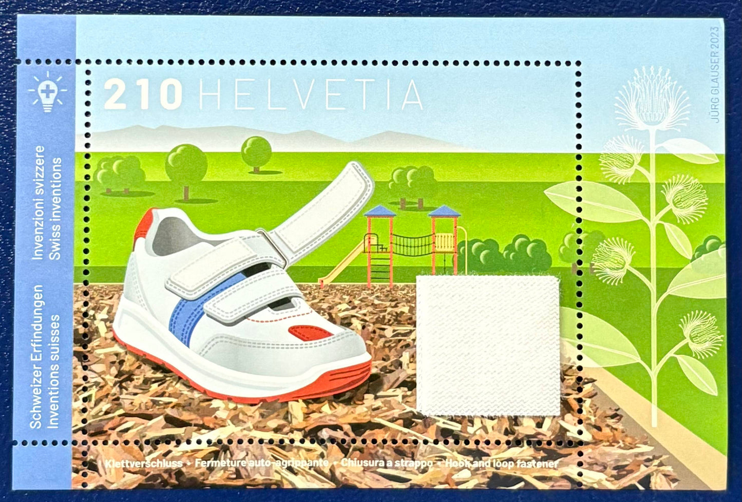 Schweiz – Block 99 „Schweizer Erfindungen – mit original Klettverschluss auf der Briefmarke!“