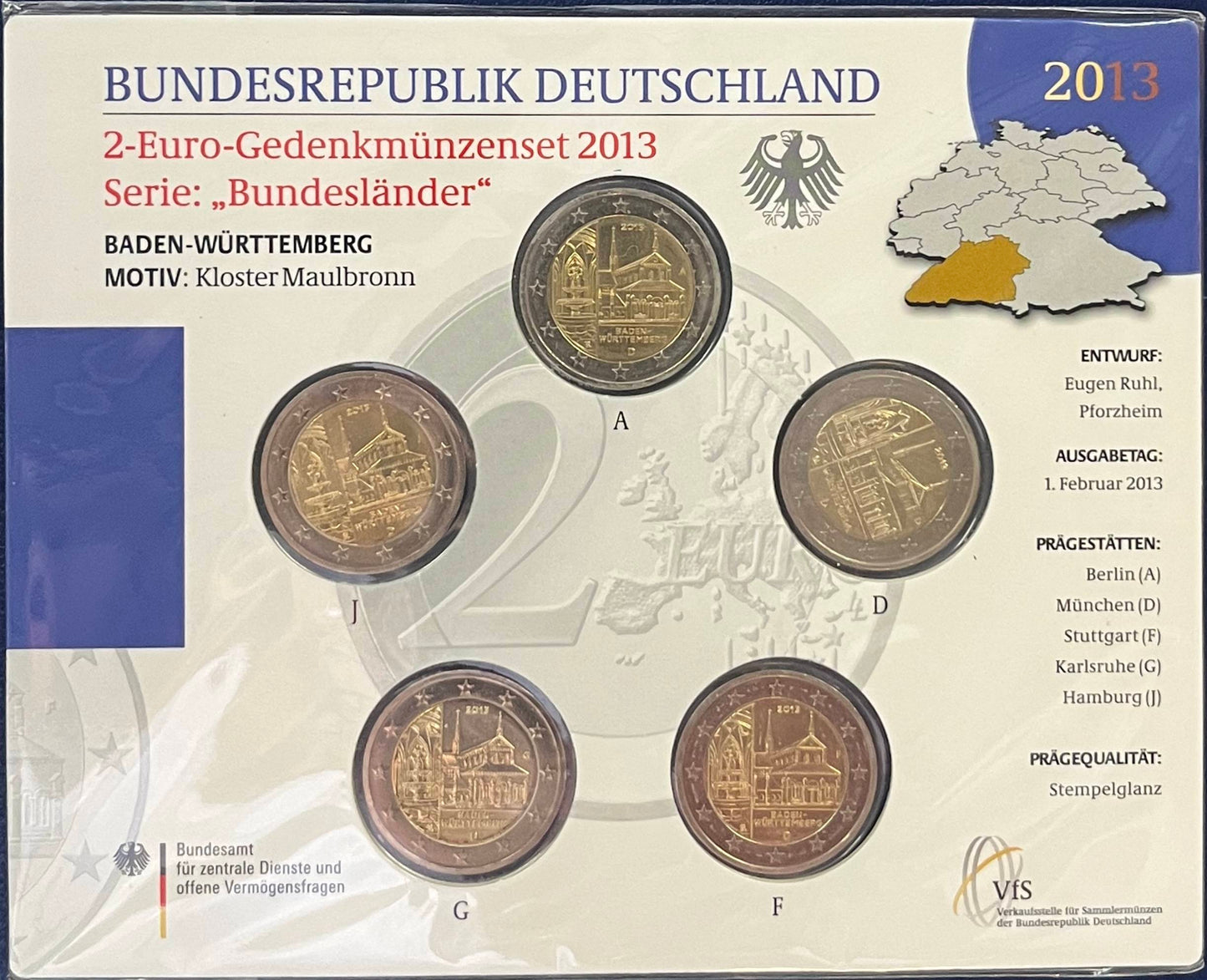 2-Euro-Gedenkmünzenset 2013 – Kloster Maulbronn Baden-Württemberg – 5 Prägezeichen