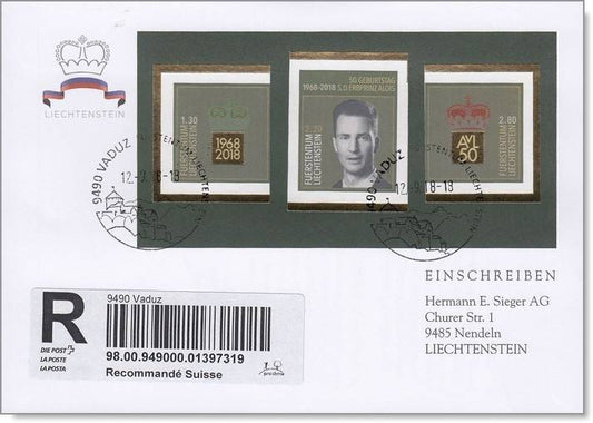 Liechtenstein - 50. Geburtstag Erbprinz Alois von und zu Liechtenstein - 3 ungezähnte Briefmarken aus Goldblock auf echtgelaufenem Einschreibe - Ersttagsbrief