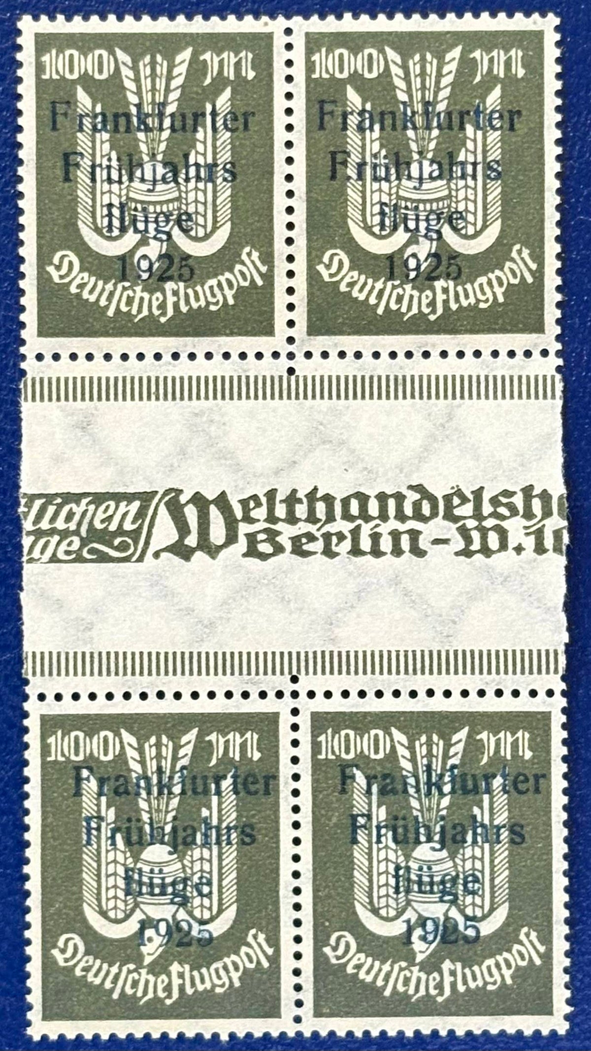 Seltemer Stegpaar Viererblock der Flugmarke Frankfurter Frühlingsflüge 1925