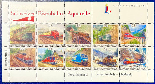 Die schönsten Schweizer Eisenbahn Aquarelle, Liechtenstein.Kleinbogen 10 Werte
