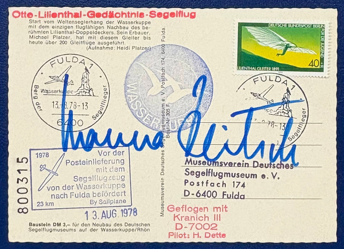 Segleflugpost mit original Unterschrift von Hanna Reitsch