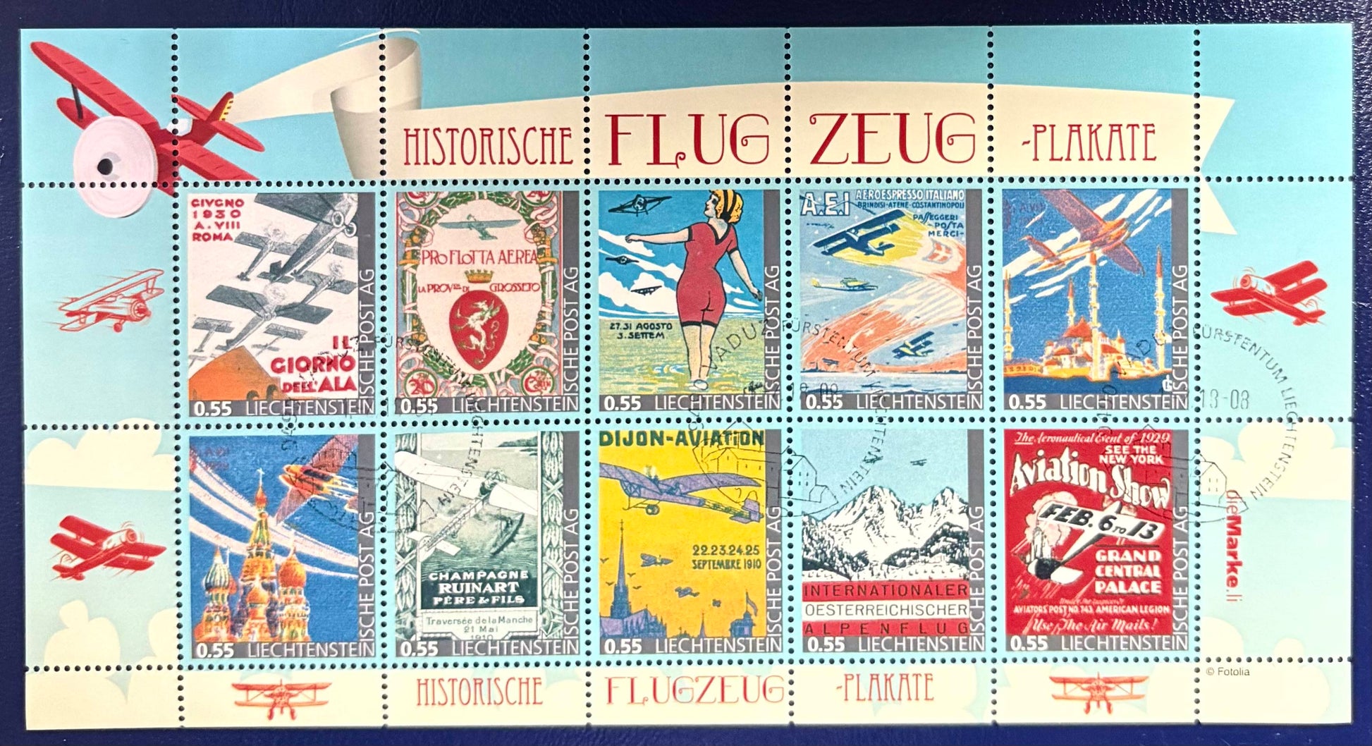 Historische Flugzeugplakate gestempelt