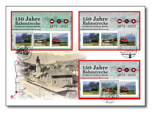 Bahnstrecke Feldkirch-Schaan-Buchs - Ersttagsbrief mit drei Blocks, Österreich, Liechtenstein, Schweiz
